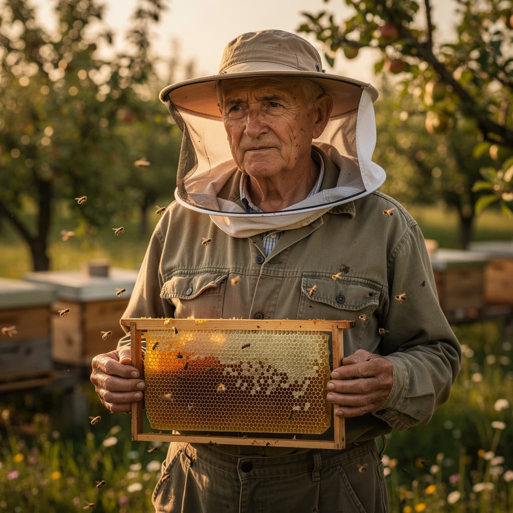 Environmental portrait of an elderly beekeeper in sun-faded clothing holding a frame of honeycomb, w