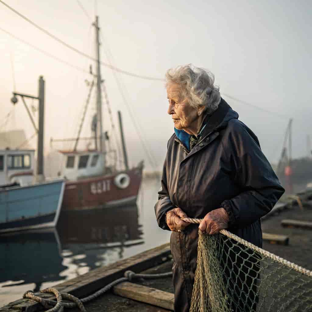 Environmental portrait of an elderly coastal fisherwoman on a misty harbor dock, natural soft mornin
