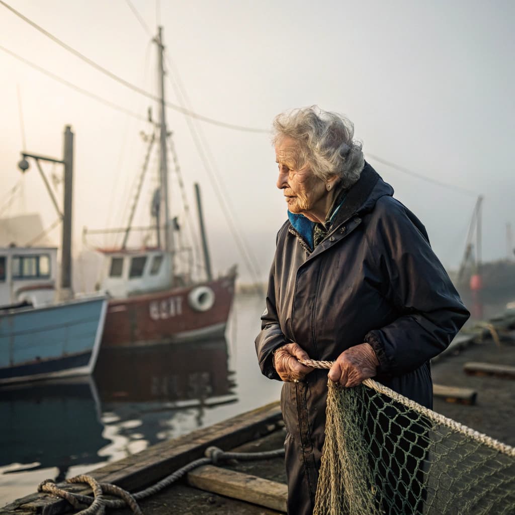 Environmental portrait of an elderly coastal fisherwoman on a misty harbor dock, natural soft mornin