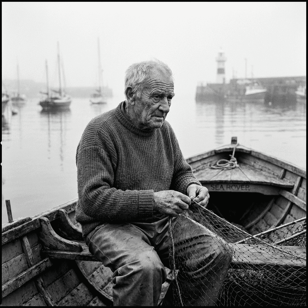 Environmental portrait of an elderly fisherman seated on a weathered wooden boat in morning mist, sa