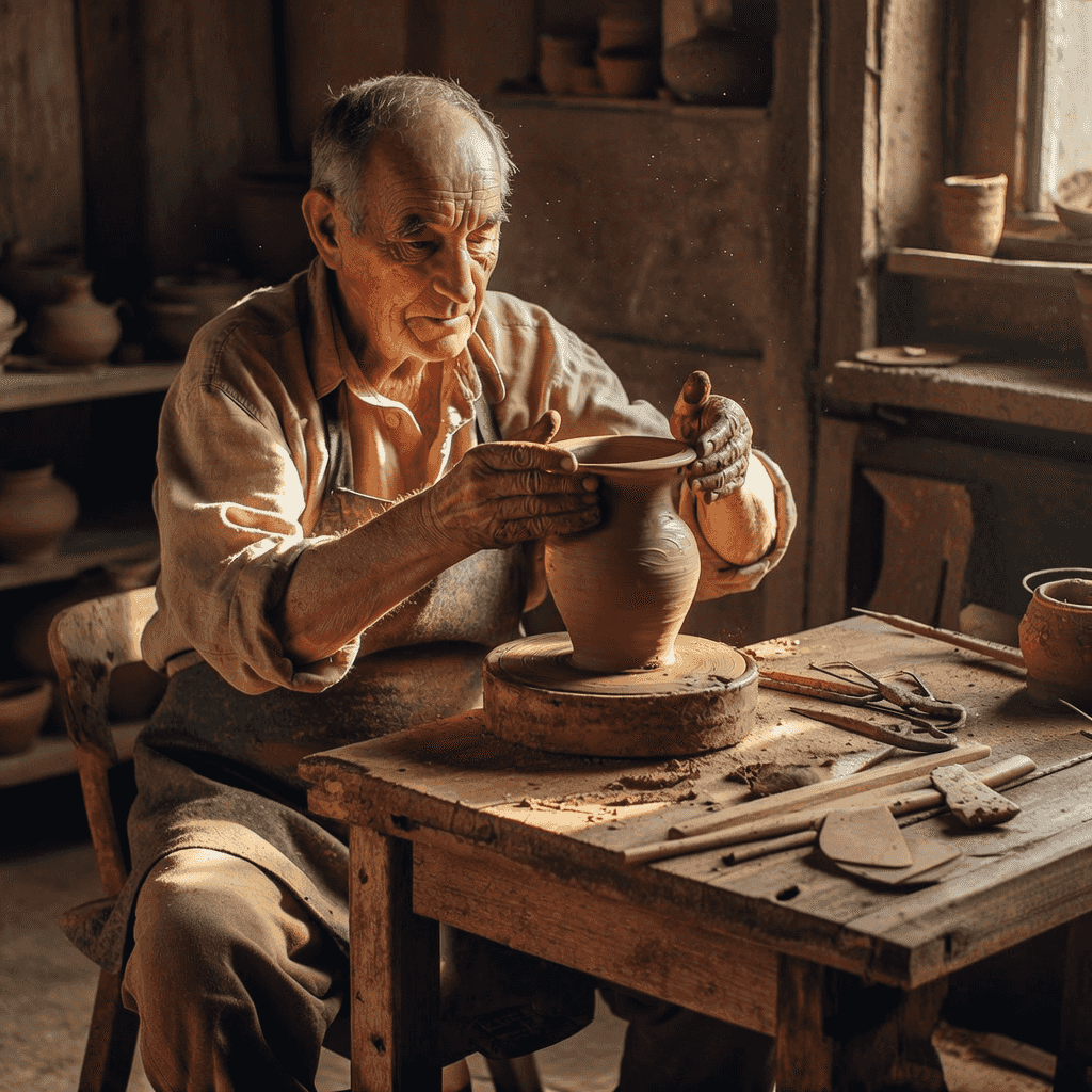 Environmental portrait photograph of an elderly artisan in a sunlit pottery workshop: clay-stained h