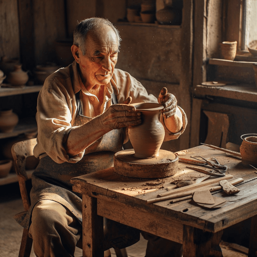 Environmental portrait photograph of an elderly artisan in a sunlit pottery workshop: clay-stained h