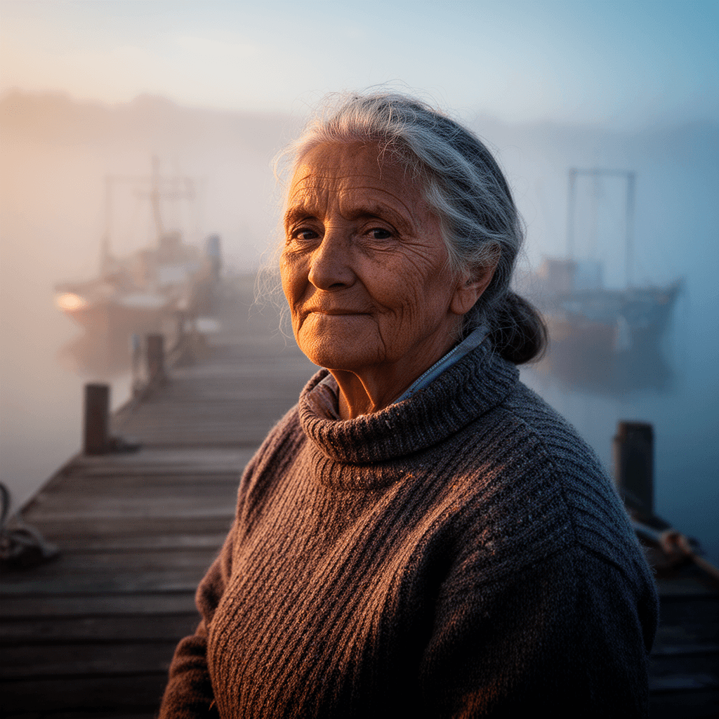 Environmental portrait photograph of an elderly fisherwoman at golden hour on a misty pier: weathere