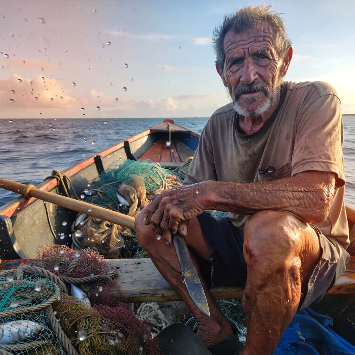 Environmental portrait photograph of an elderly fisherman on a weathered wooden skiff, salt-streaked