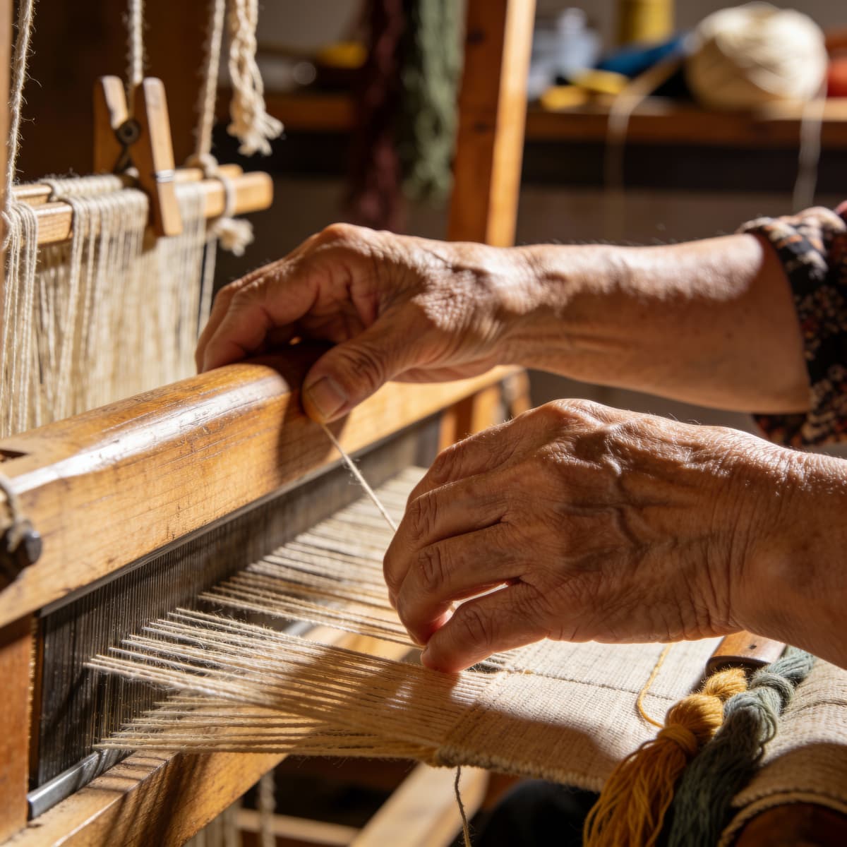 Environmental portrait photograph of an elderly woman in a traditional textile workshop, hands activ