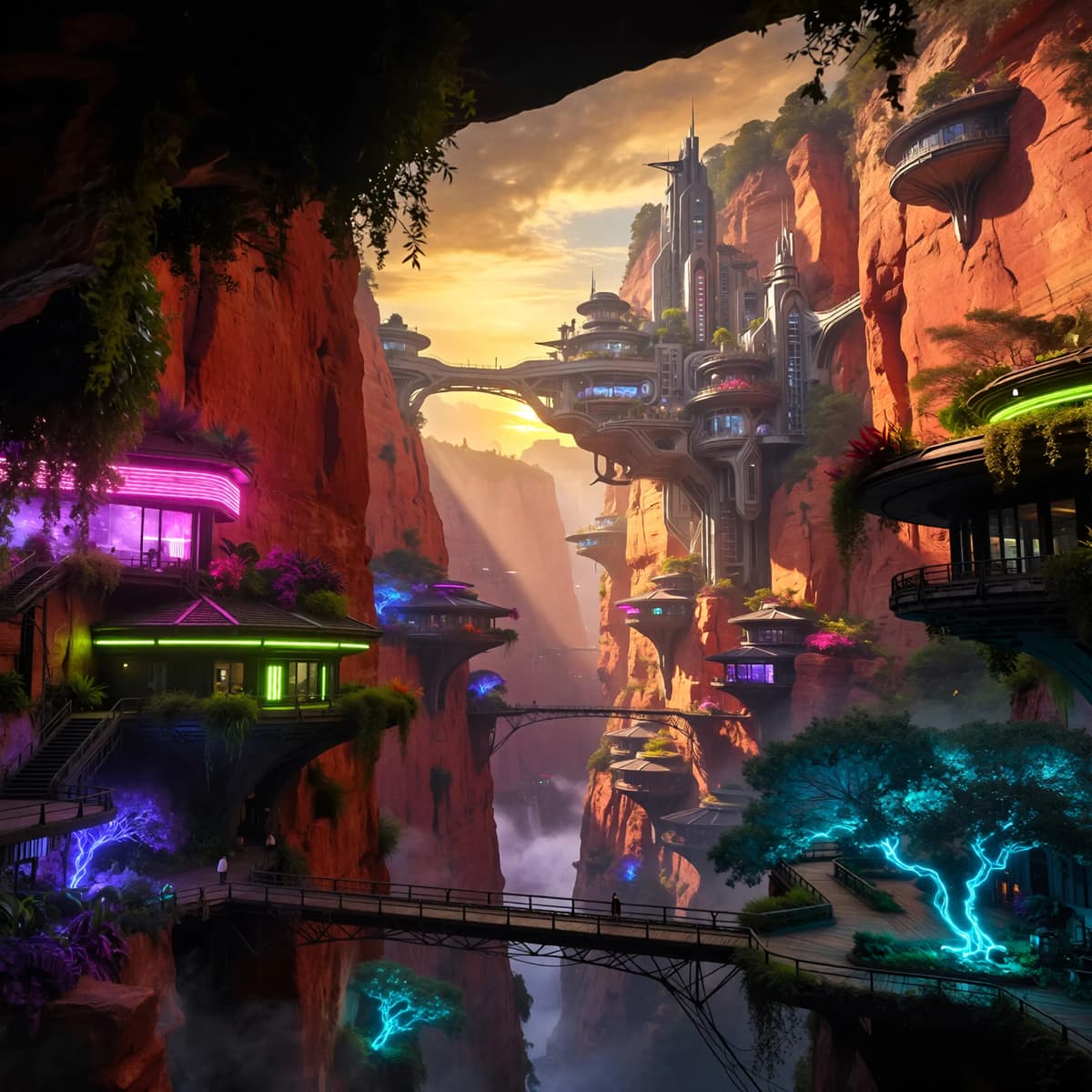 Epic concept art of a futuristic canyon city carved into red stone cliffs, suspended walkways and ha
