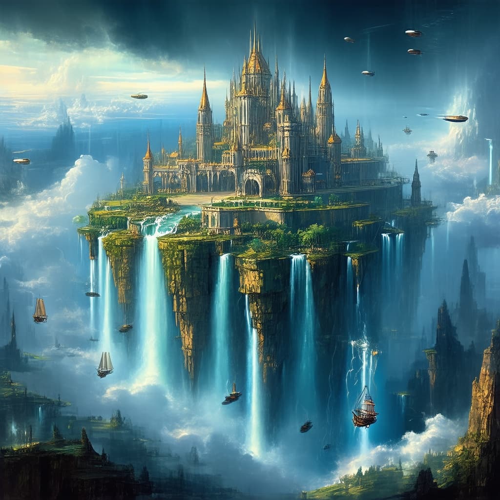Epic fantasy concept art of a floating island city with cascading waterfalls pouring into the clouds