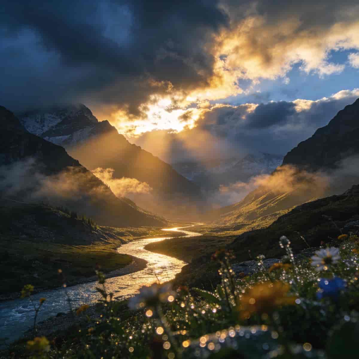 Epic landscape photograph of an alpine valley minutes after a storm: dramatic brooding clouds, sunbe