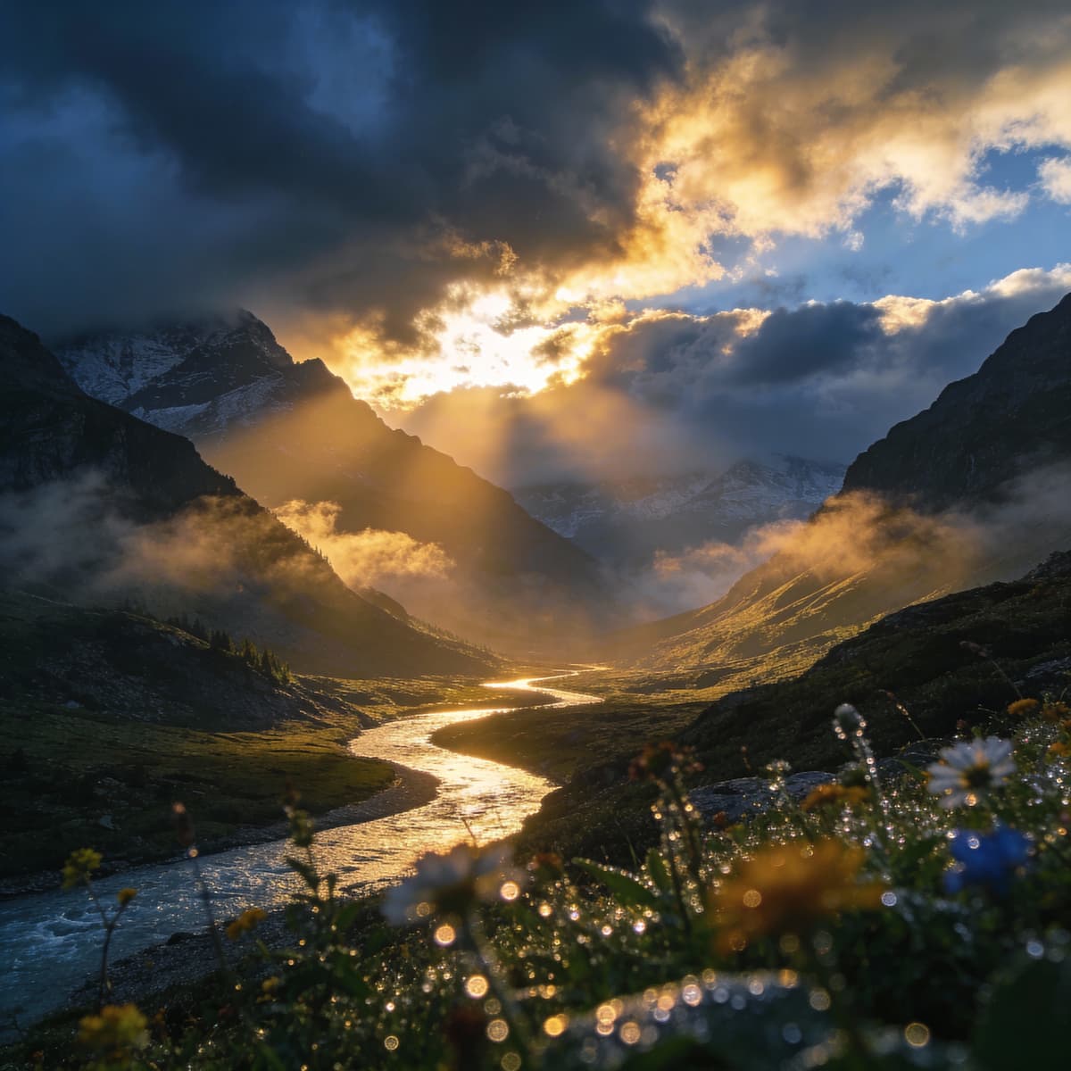 Epic landscape photograph of an alpine valley minutes after a storm: dramatic brooding clouds, sunbe