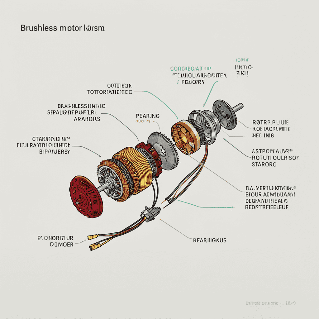 Exploded isometric technical diagram of a compact quadcopter brushless motor assembly, labeled gears