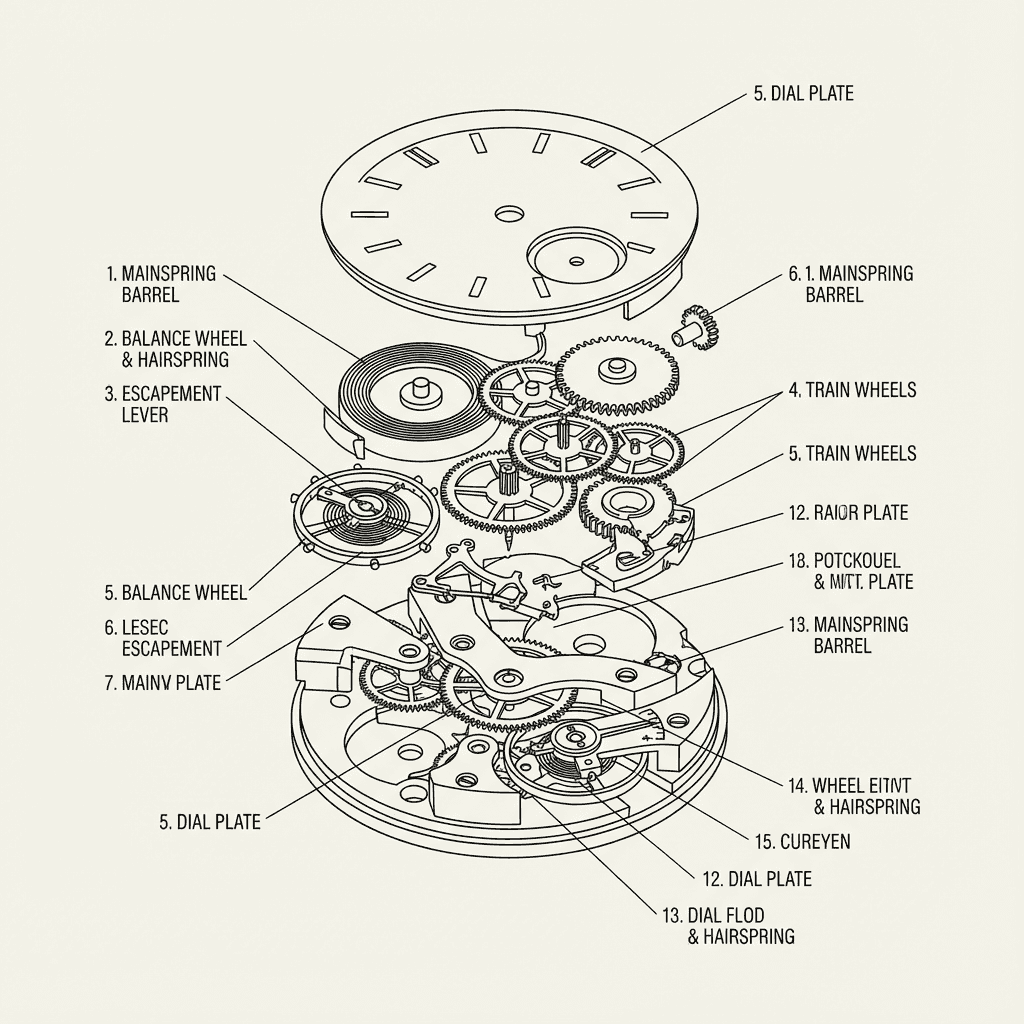Exploded isometric technical diagram of a mechanical wristwatch movement, intricate gears, mainsprin