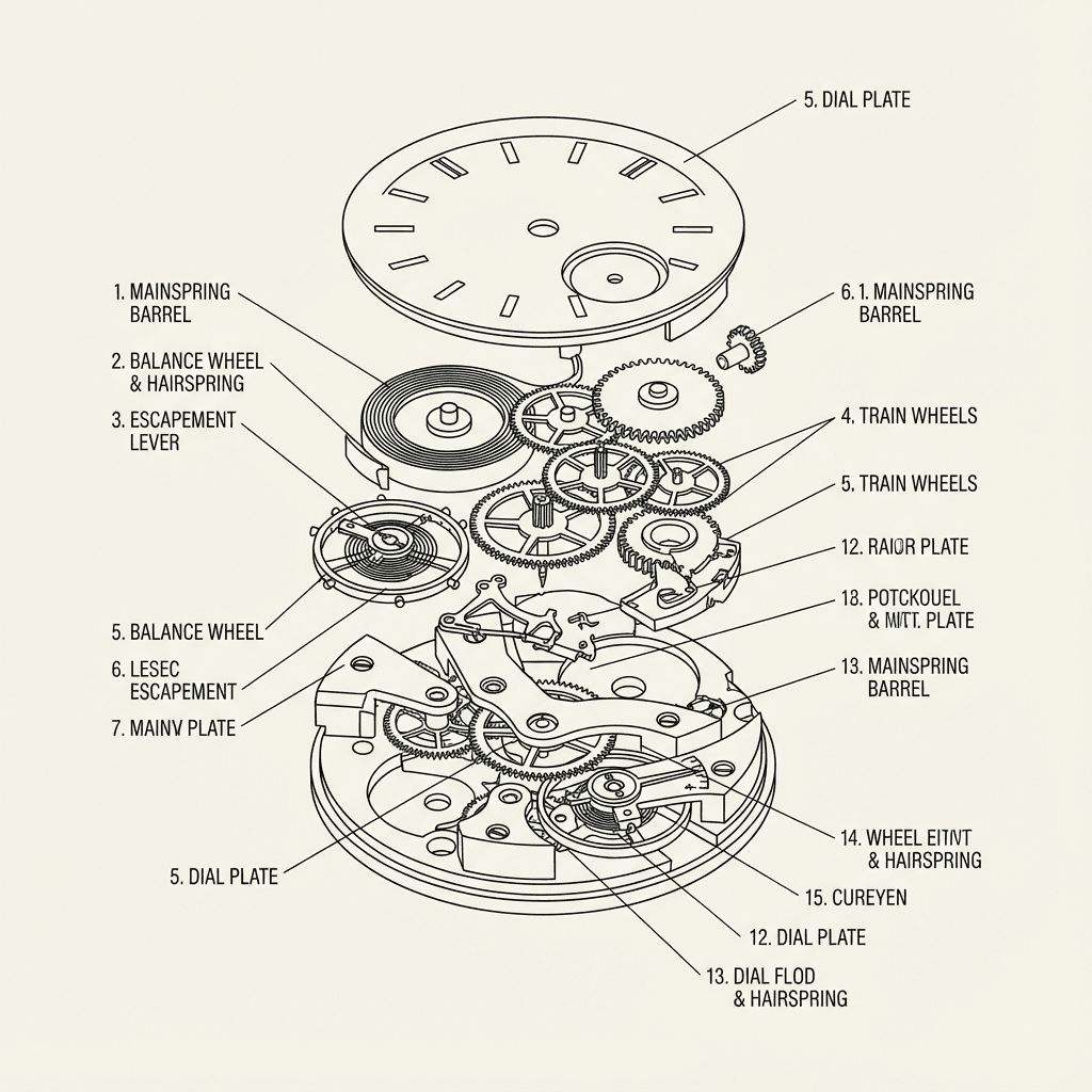 Exploded isometric technical diagram of a mechanical wristwatch movement, intricate gears, mainsprin