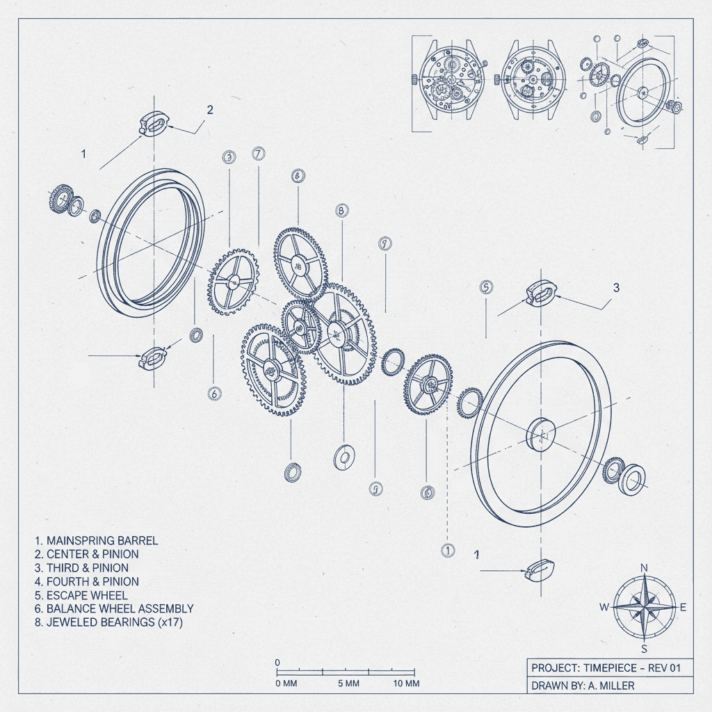 Exploded-view engineering drawing of a mechanical watch movement rendered in technical line art: mai