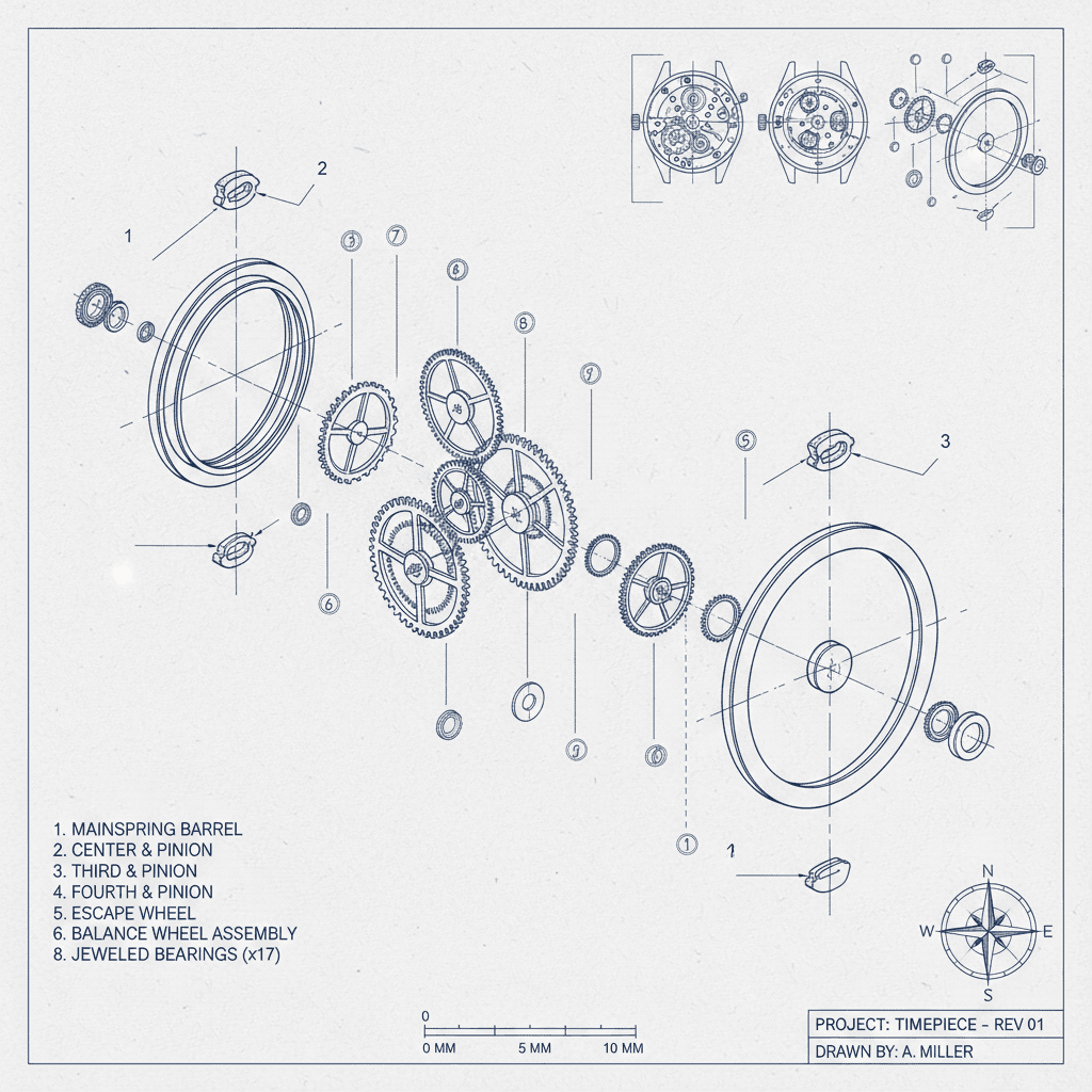 Exploded-view engineering drawing of a mechanical watch movement rendered in technical line art: mai