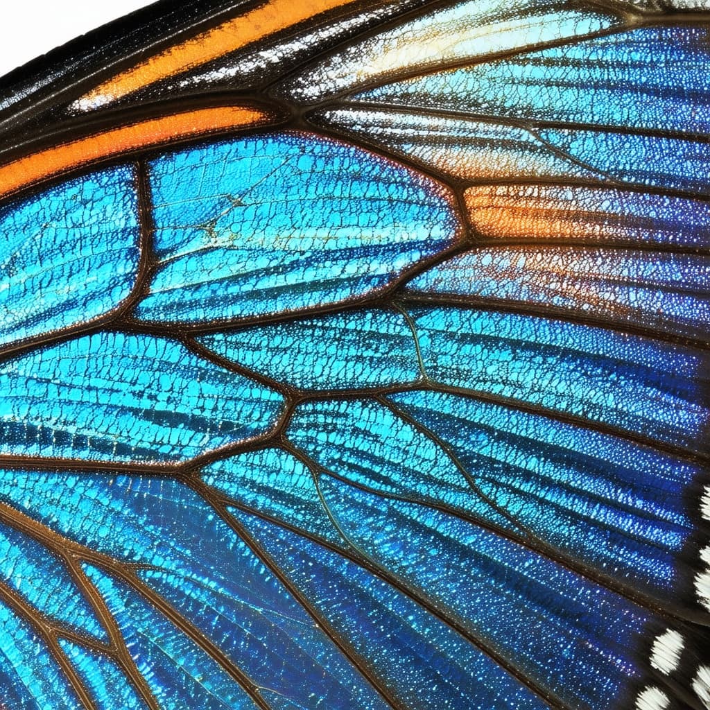 Extreme macro photomicrograph of a butterfly wing showing iridescent blue and orange scales, microsc