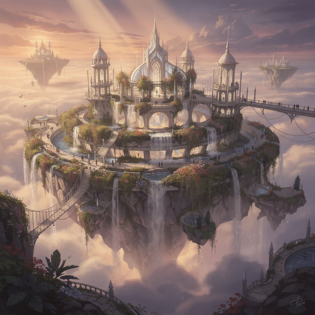 Fantasy concept art of a floating island city with tiered hanging gardens and waterfalls cascading i
