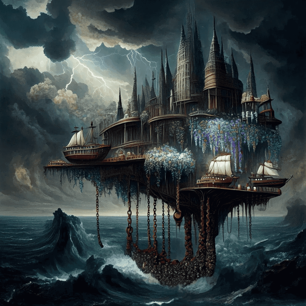 Fantasy concept painting of a colossal floating city tethered by giant rusted chains above a stormy