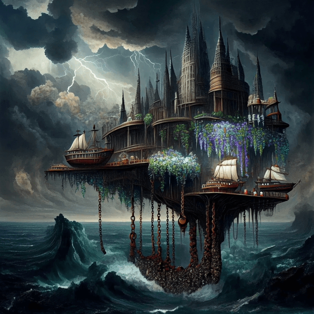 Fantasy concept painting of a colossal floating city tethered by giant rusted chains above a stormy