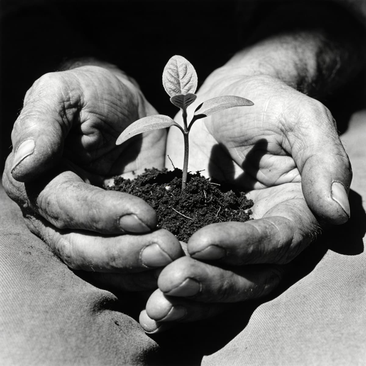 Fine-art black-and-white photograph close-up of weathered hands cradling a tiny sprouting seedling,