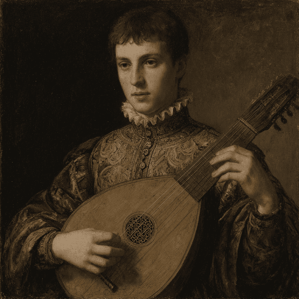 Fine art portrait in the style of a Renaissance oil painting of a young musician holding a lute, dra
