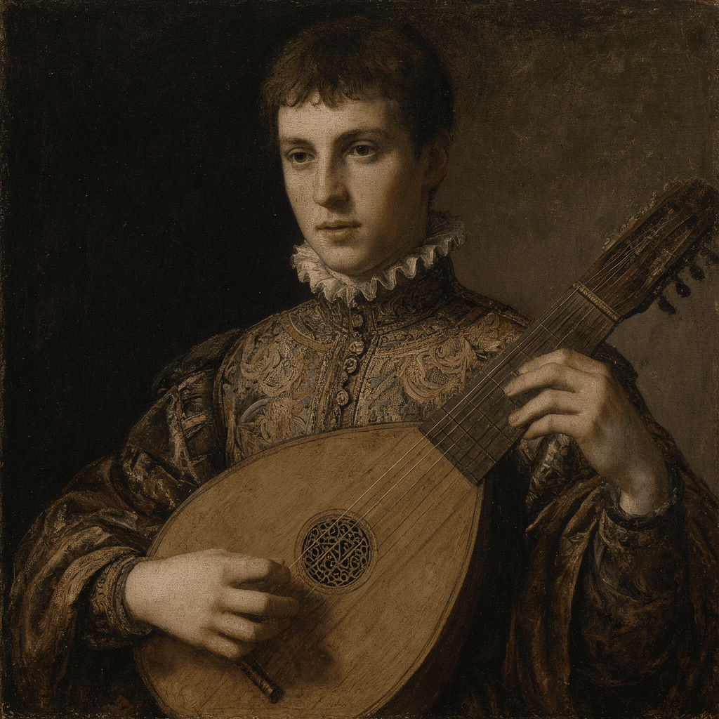 Fine art portrait in the style of a Renaissance oil painting of a young musician holding a lute, dra