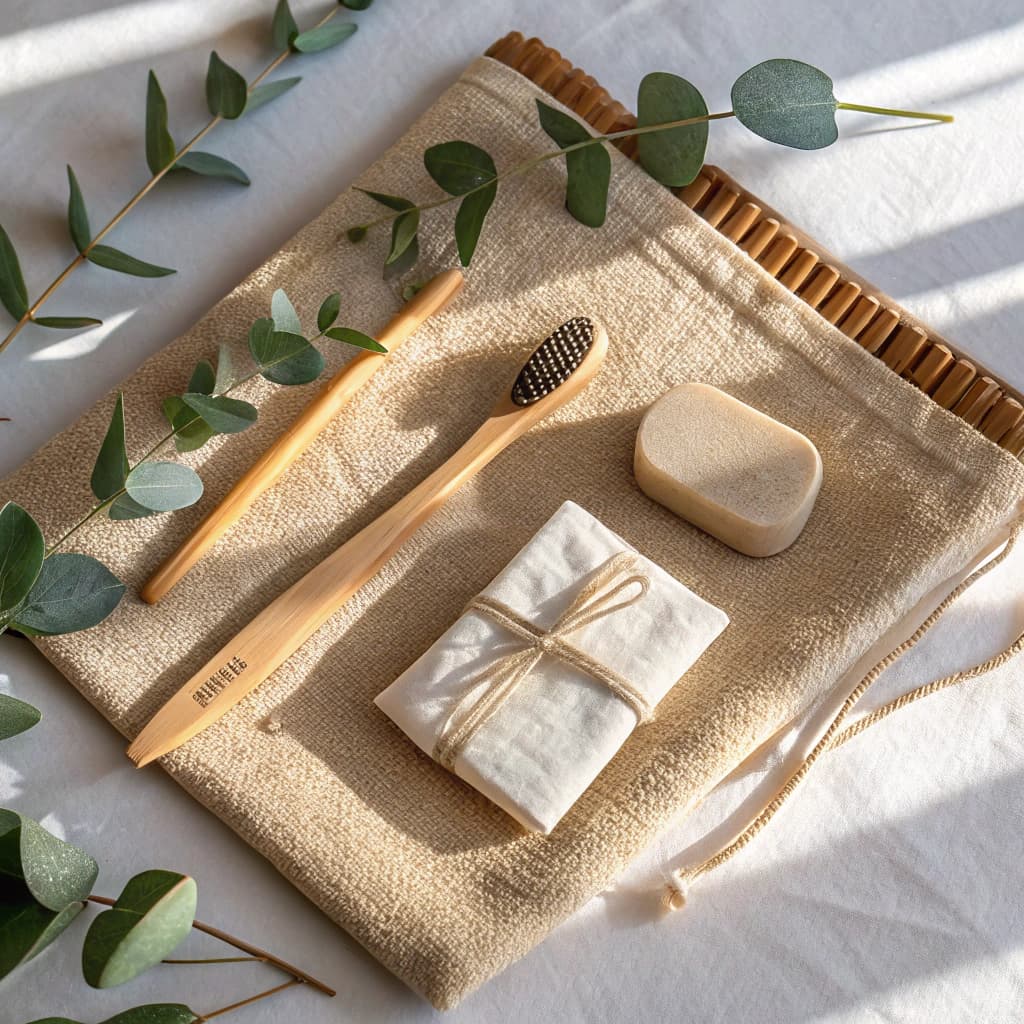 Flat-lay product photography of an eco-friendly bathroom set: bamboo toothbrush, soap bar wrapped in