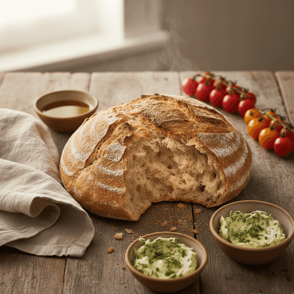 Food photography top-down composition of a rustic brunch spread: thick-crusted sourdough loaf partia