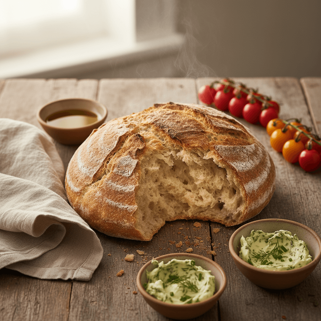 Food photography top-down composition of a rustic brunch spread: thick-crusted sourdough loaf partia