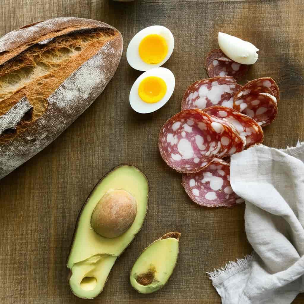 Food photography top-down shot of a rustic wooden table set for breakfast: artisan sourdough loaf, s