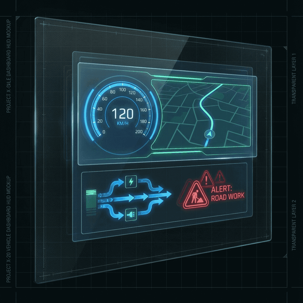 Futuristic user interface mockup for a vehicle dashboard HUD: transparent layered panels showing spe