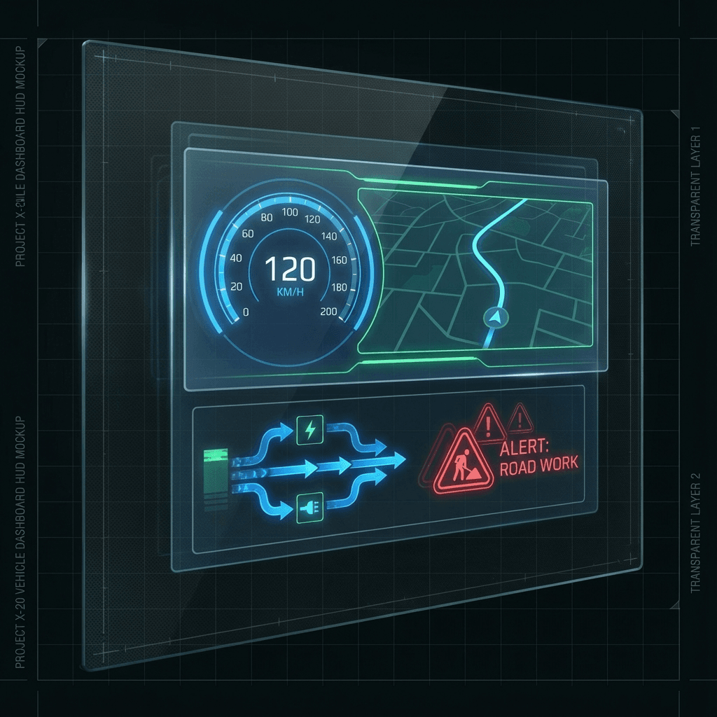 Futuristic user interface mockup for a vehicle dashboard HUD: transparent layered panels showing spe
