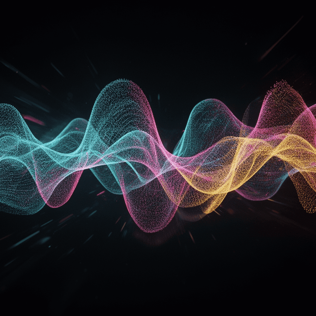 Generative abstract artwork: flowing neon particle field forming ribbon-like waves over a dark void,