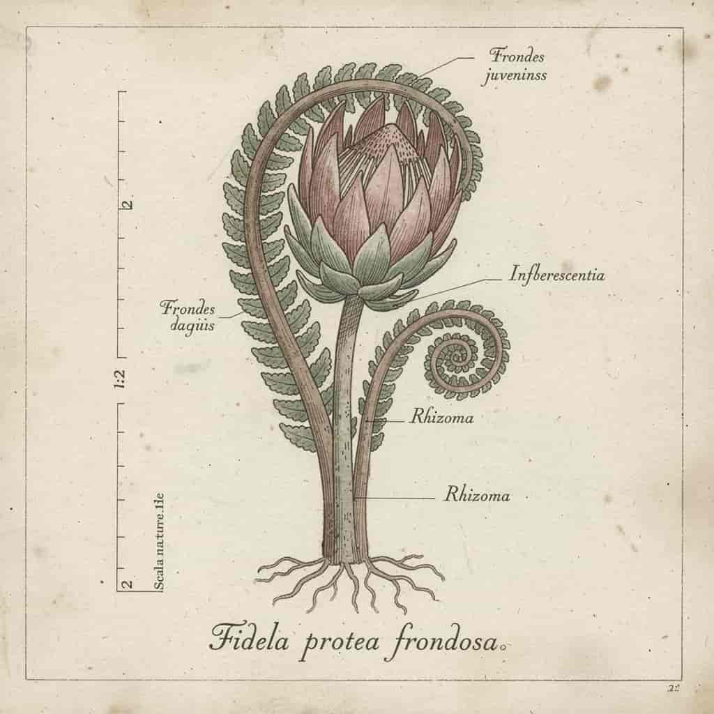 Hand-drawn botanical illustration of an imaginary hybrid plant combining a fiddlehead fern and a pro