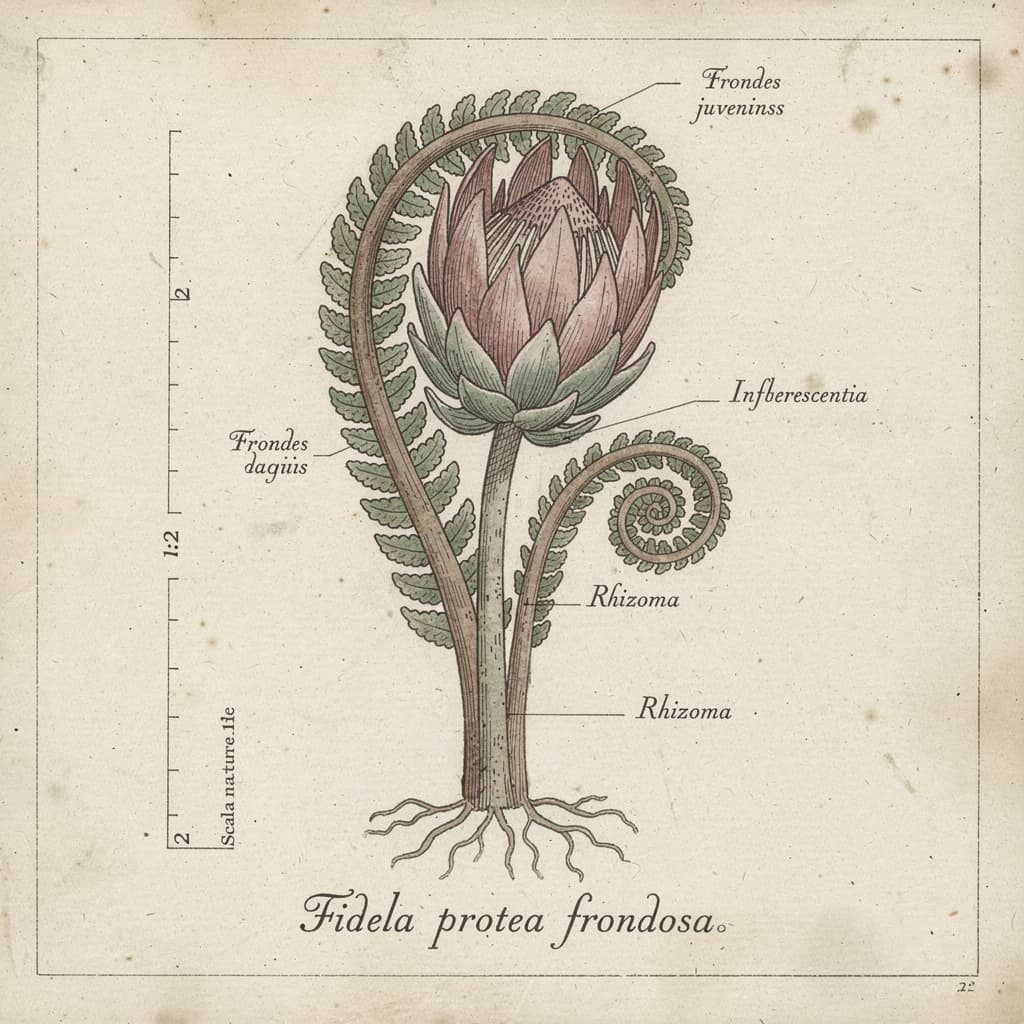 Hand-drawn botanical illustration of an imaginary hybrid plant combining a fiddlehead fern and a pro