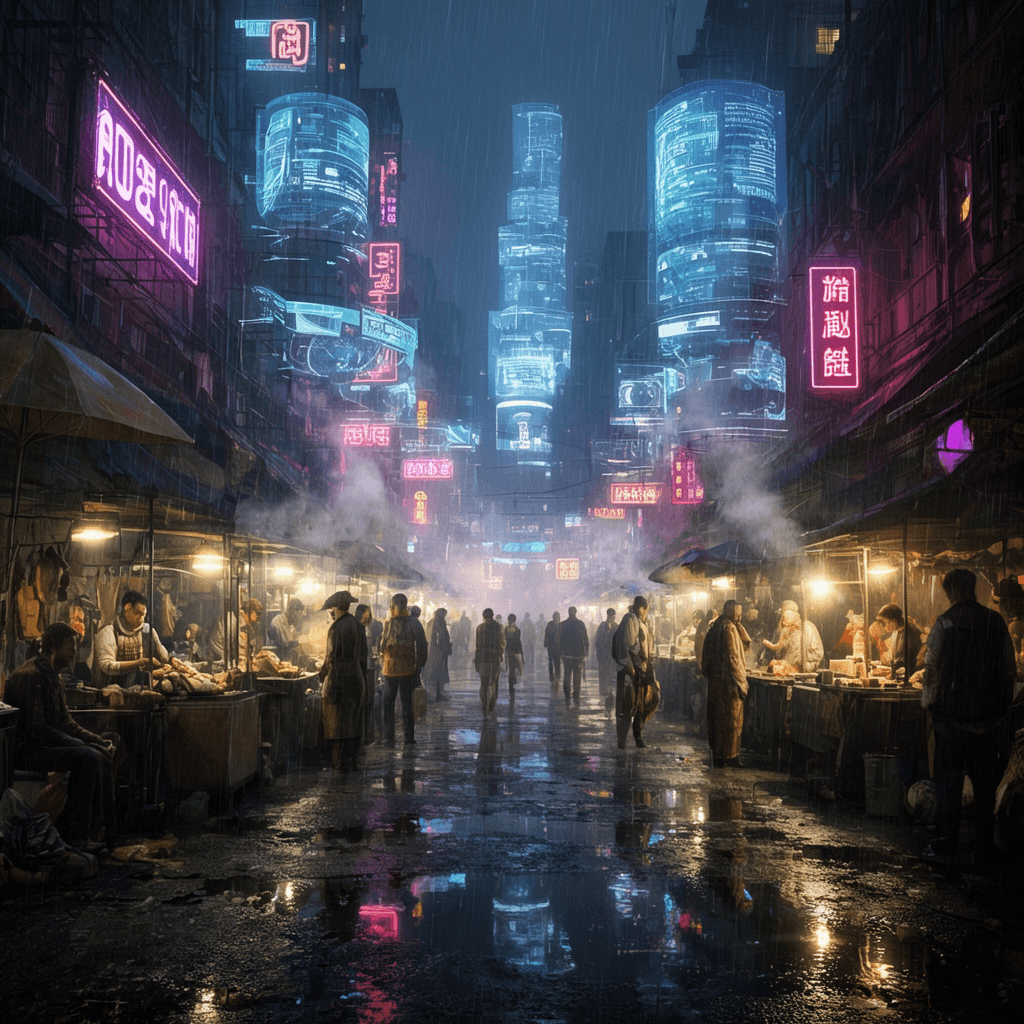 High-detail concept art painting of a neon-soaked dystopian street market in the rain, towering holo