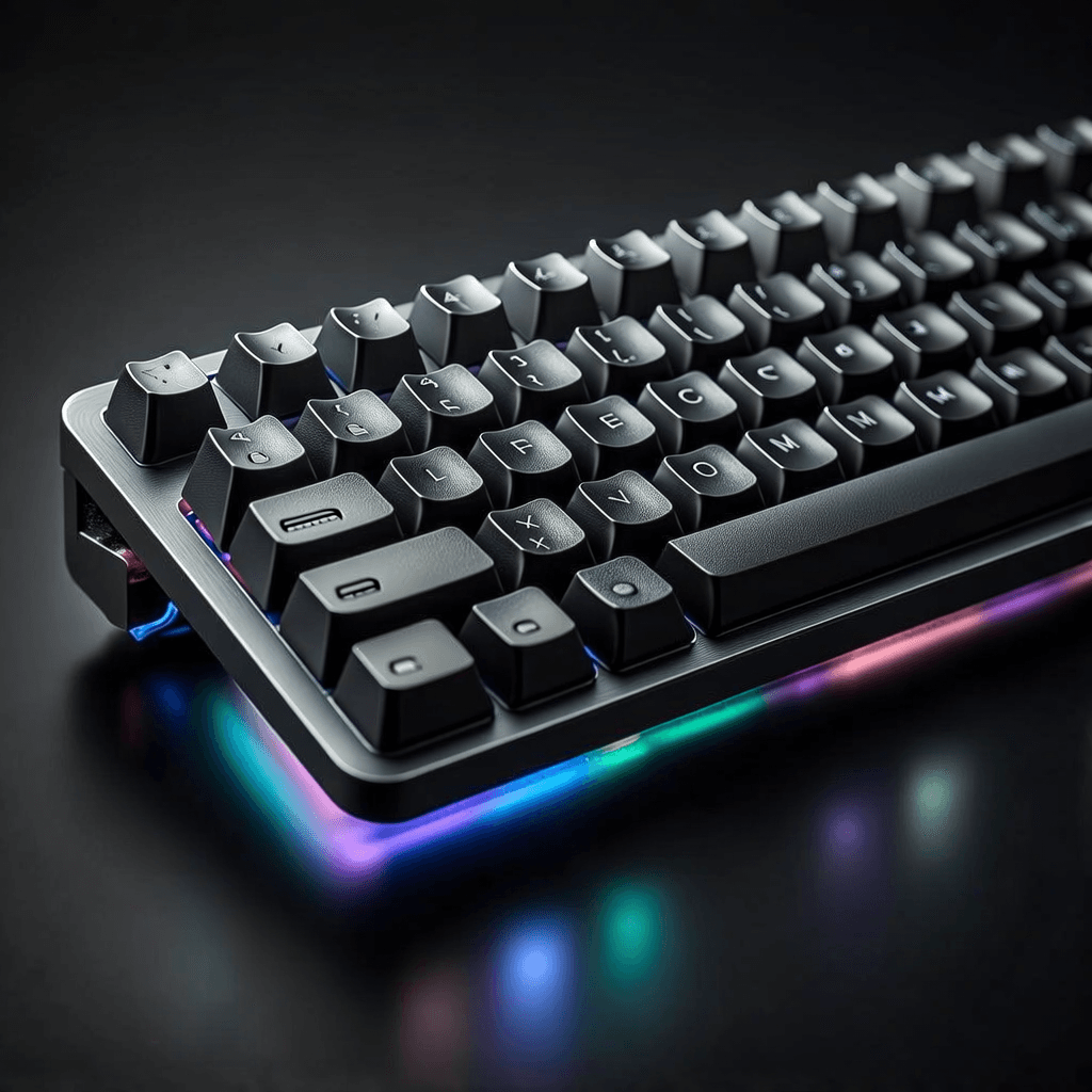 High-detail product shot of a mechanical keyboard on a dark reflective surface: close-up of sculpted