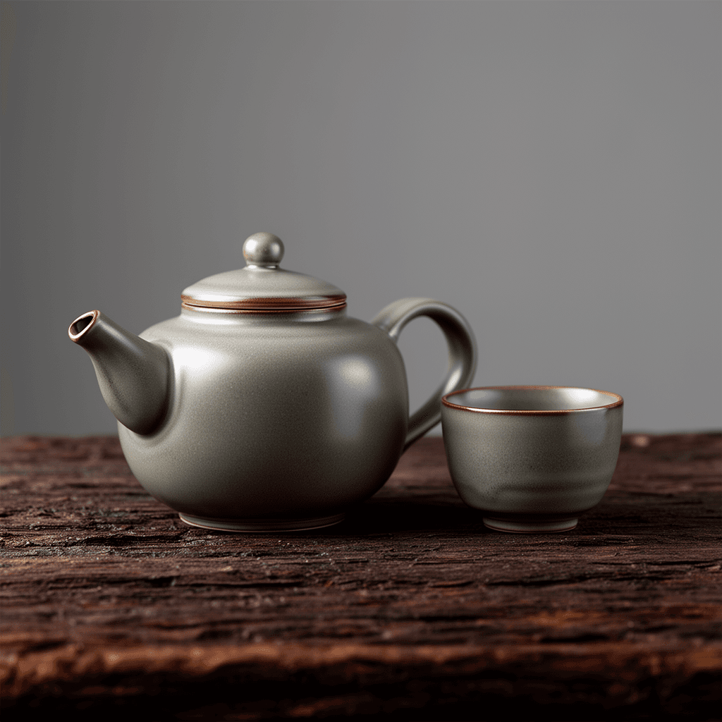 High-end product photography of a matte-glazed ceramic teapot and matching cup on a textured dark wo