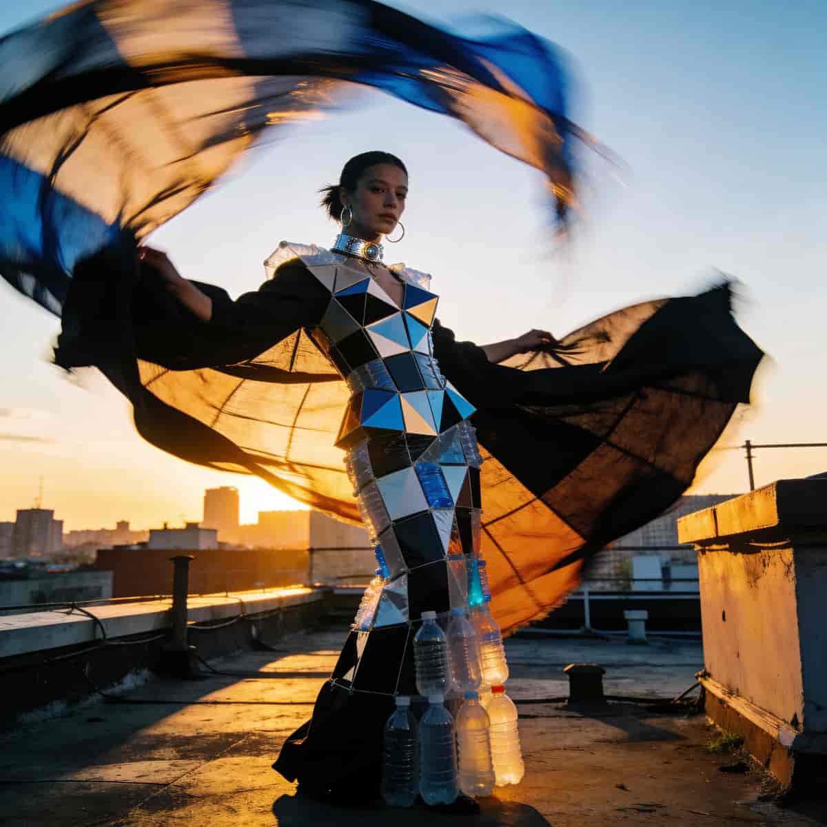 High-fashion editorial photograph of a model on a rooftop at sunset wearing an avant-garde dress mad