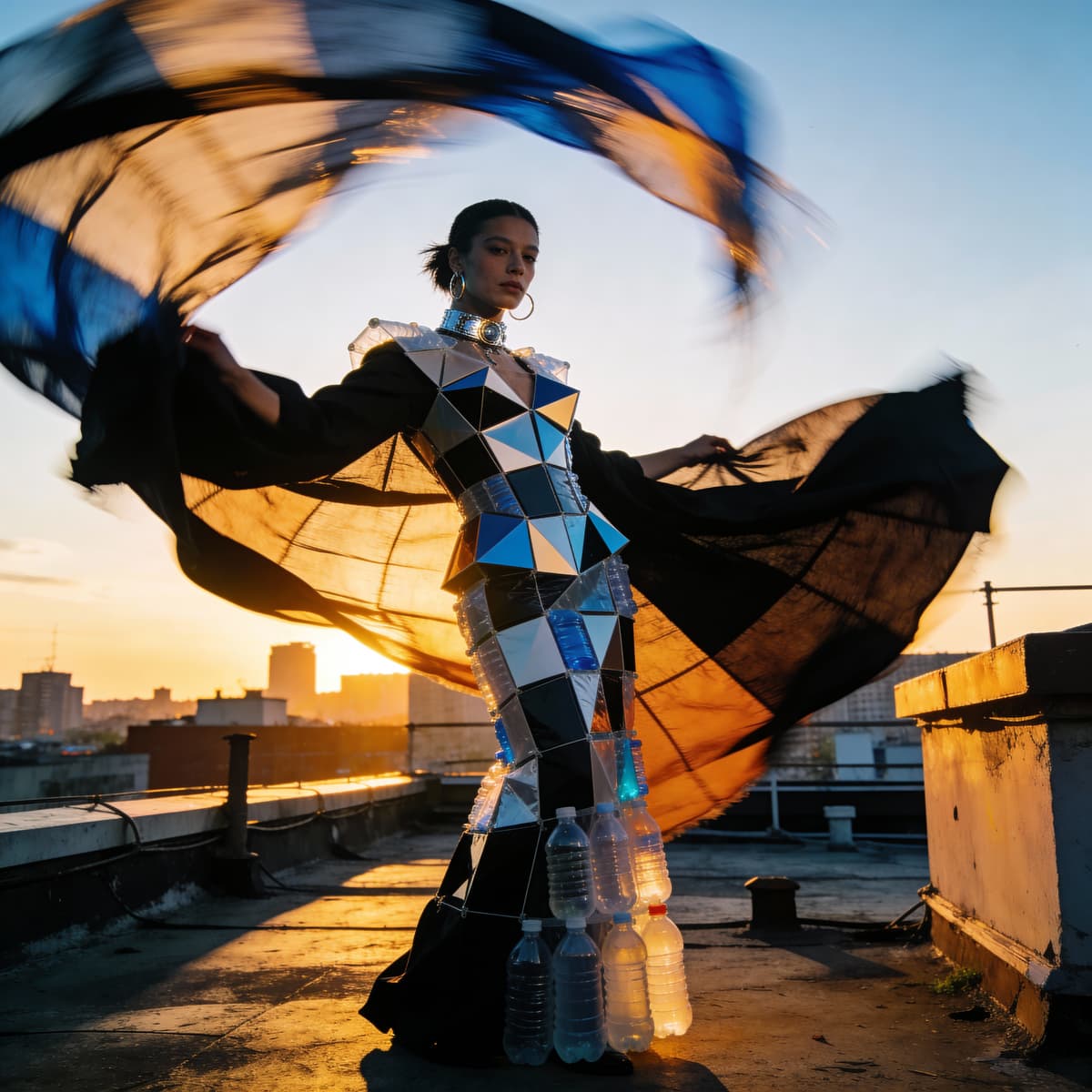High-fashion editorial photograph of a model on a rooftop at sunset wearing an avant-garde dress mad