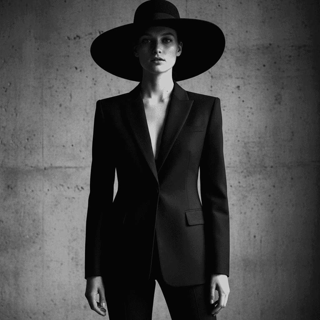 High-fashion editorial portrait in high-contrast monochrome: model wearing structured noir tailoring