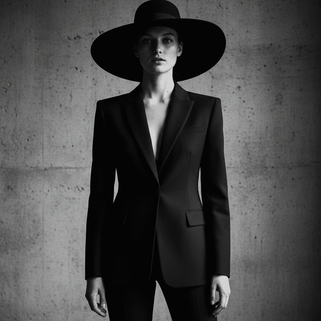 High-fashion editorial portrait in high-contrast monochrome: model wearing structured noir tailoring