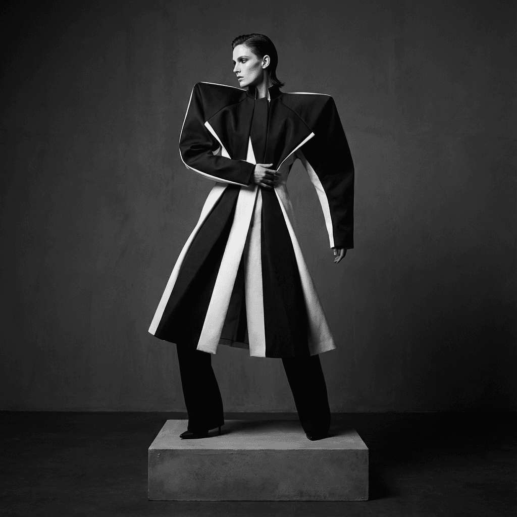 High-fashion studio photograph of a model wearing an architectural avant-garde coat with exaggerated