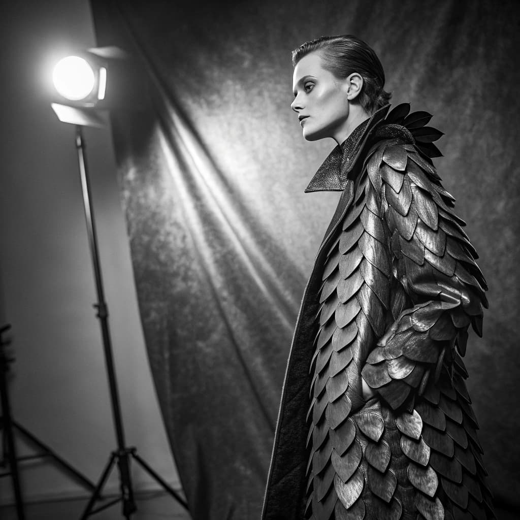 High-fashion studio portrait in monochrome of a model wearing an avant-garde sculptural coat made of
