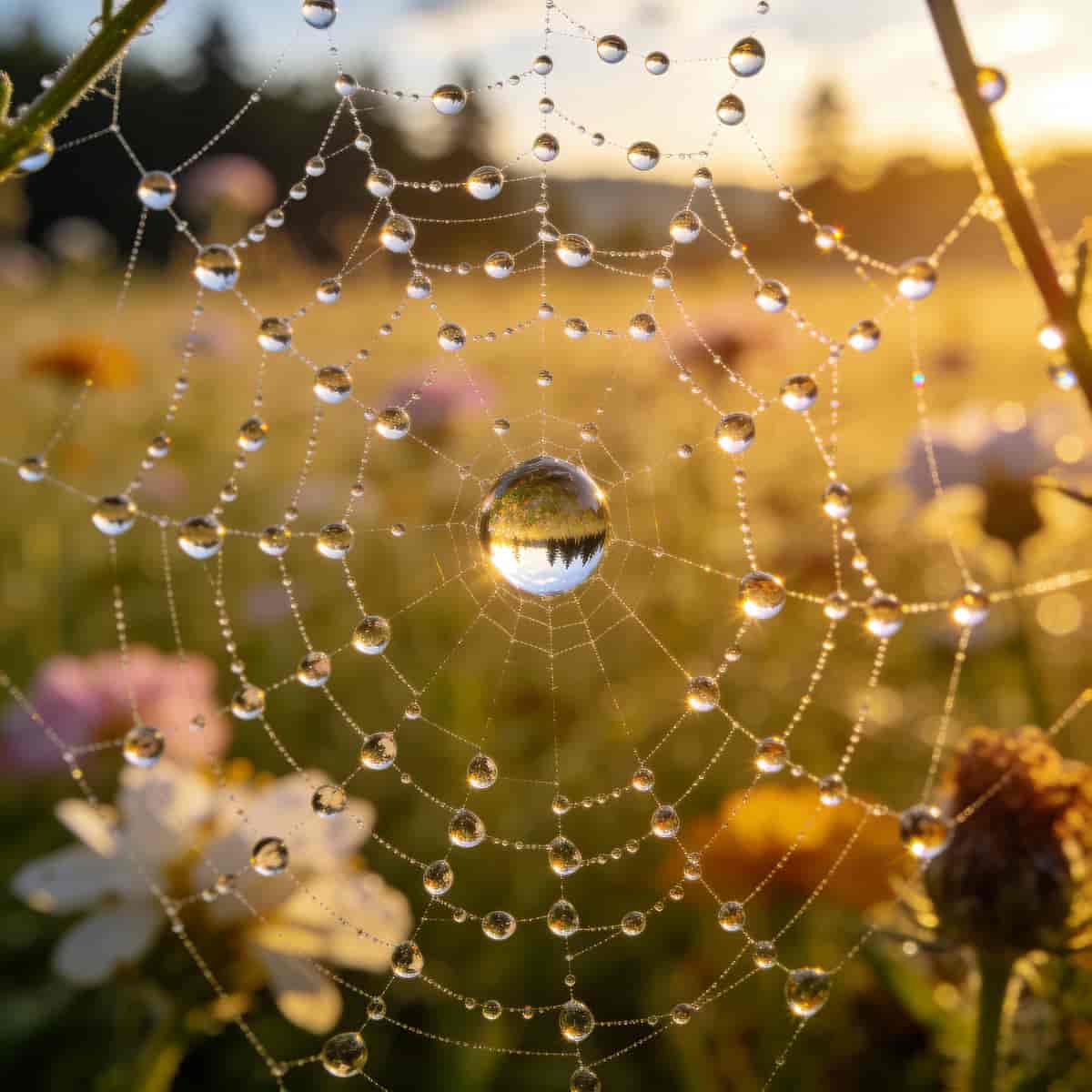 High-resolution macro photograph of a dew-laden spiderweb in a wildflower meadow at dawn, golden bac