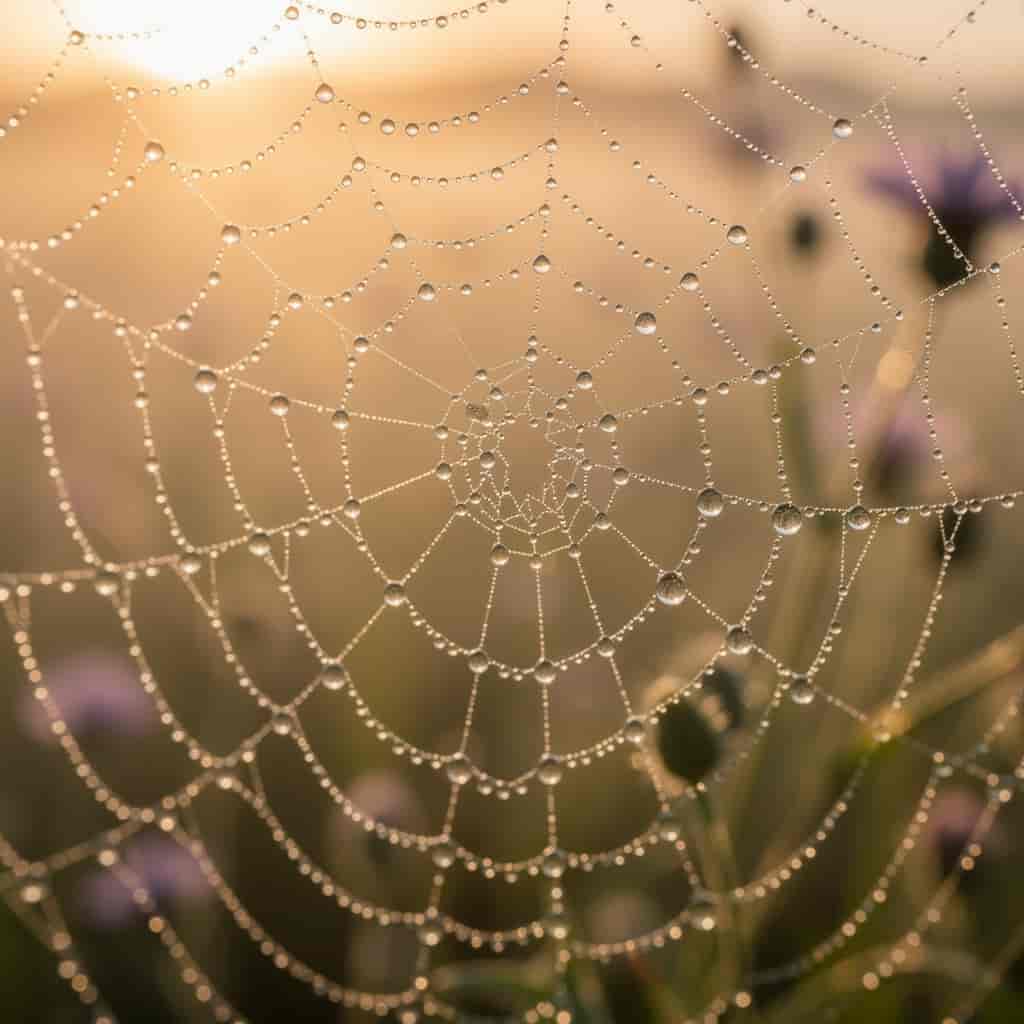 High-resolution macro photograph of morning dew on a spiderweb strung between wildflowers in a meado
