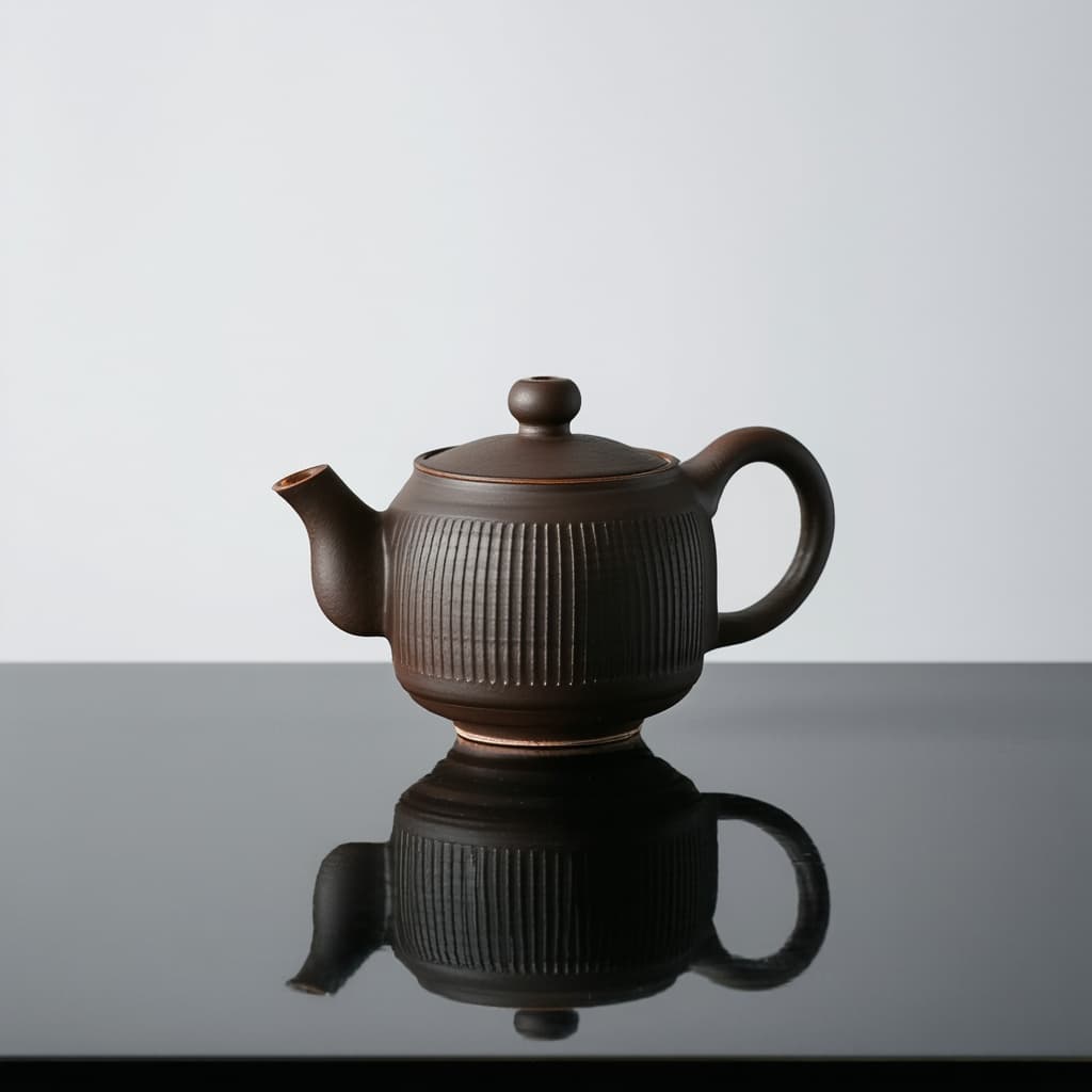 High-resolution product photography of a matte ceramic teapot on a reflective black surface with dra