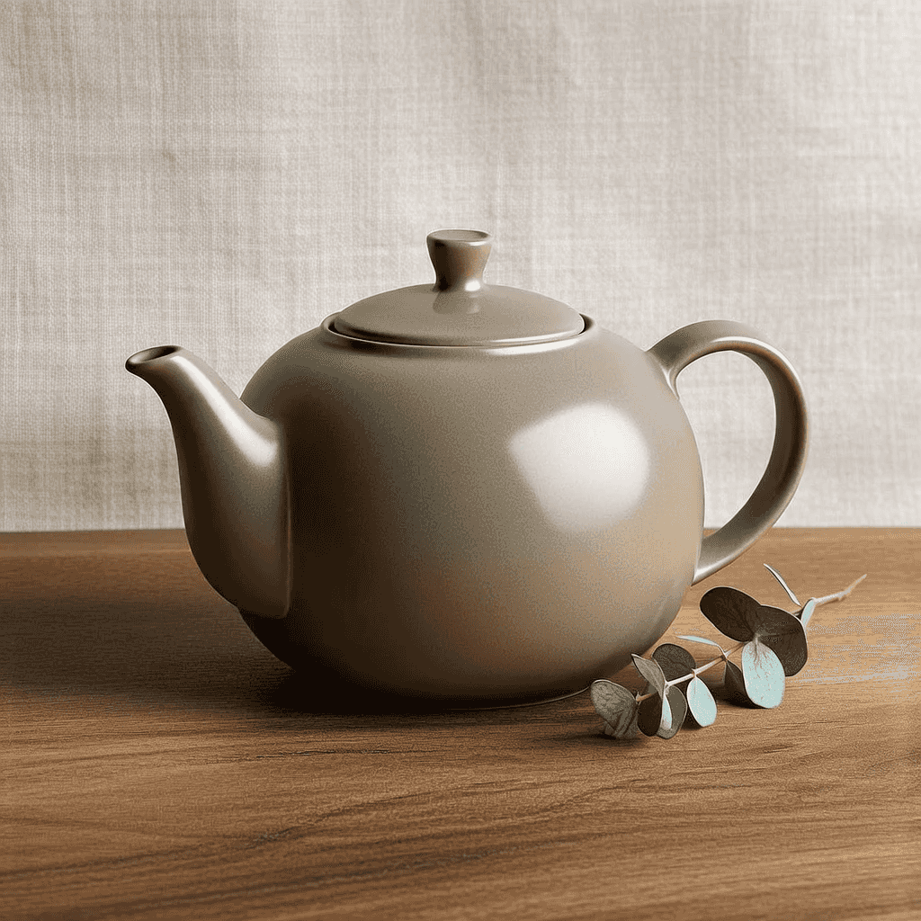 High-resolution studio product photograph of a matte ceramic teapot on a textured wooden table, soft