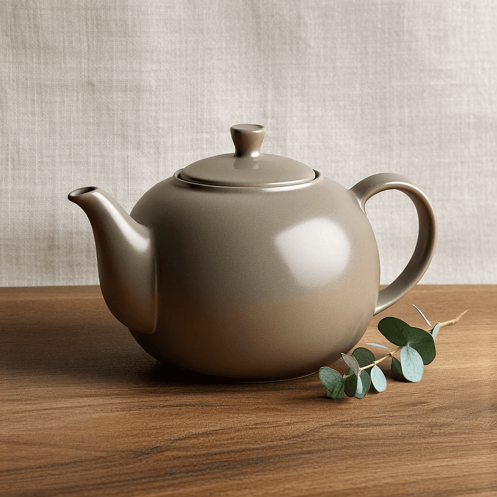 High-resolution studio product photograph of a matte ceramic teapot on a textured wooden table, soft