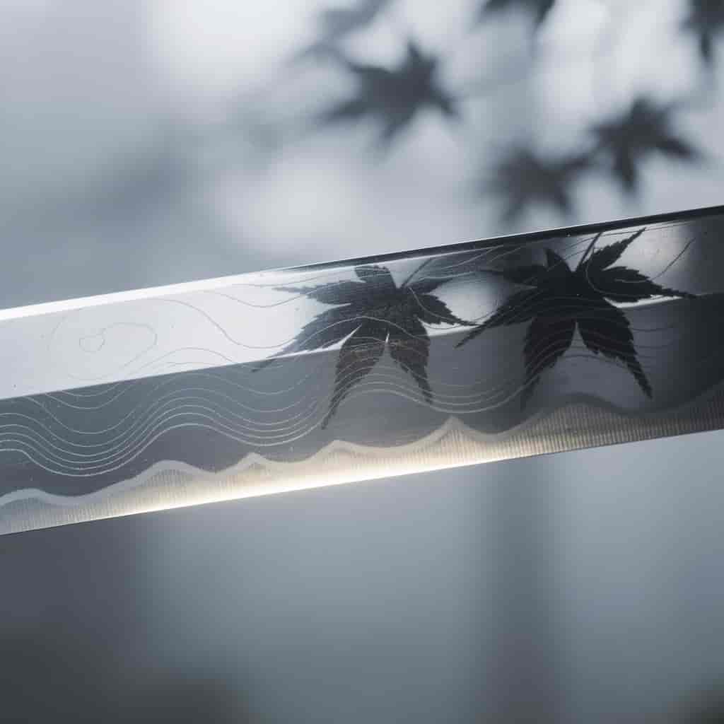 Hyperrealistic close-up photograph of a katana blade edge with the reflected silhouette of a maple t