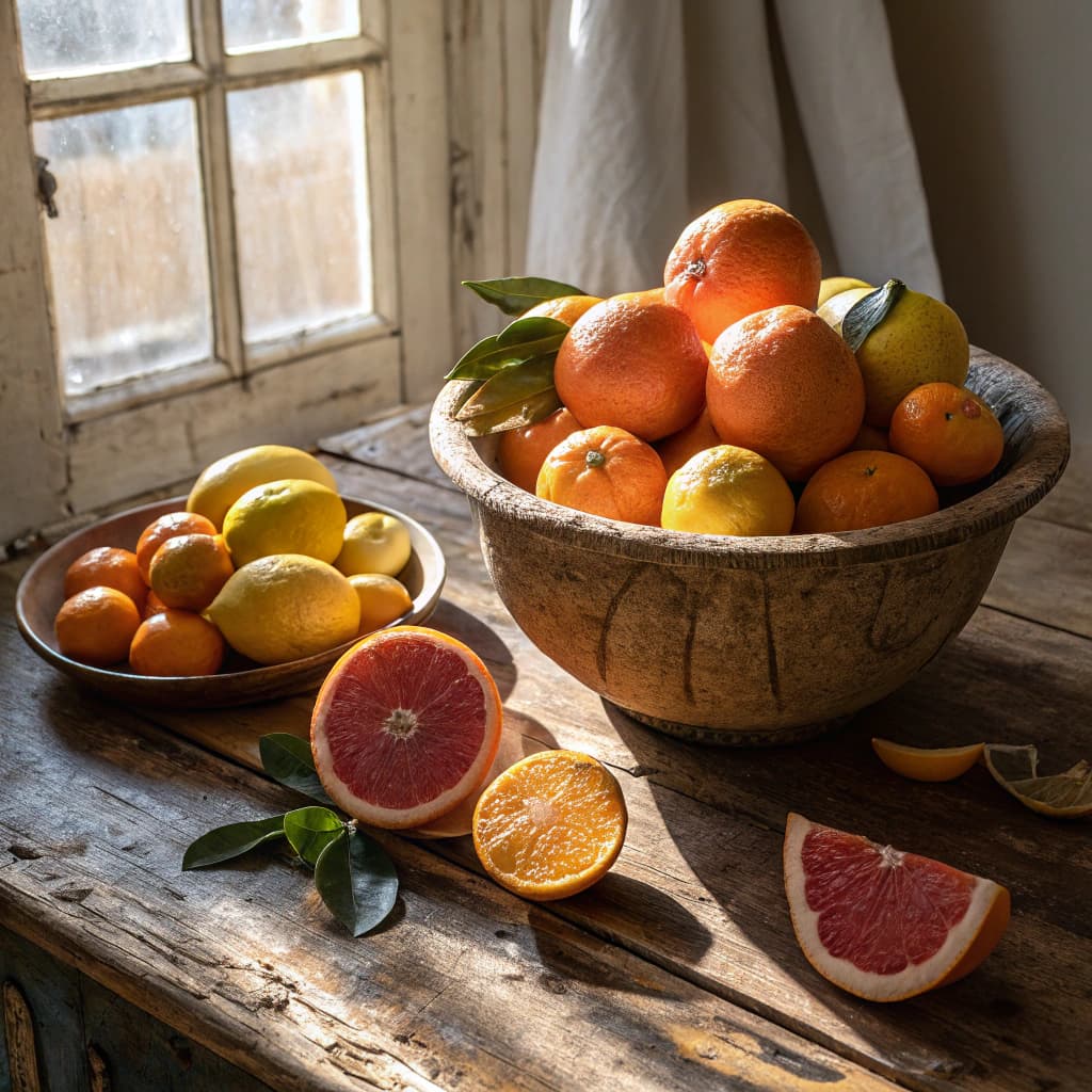 Hyperrealistic still-life oil painting of a rustic bowl overflowing with oranges, lemons and a singl